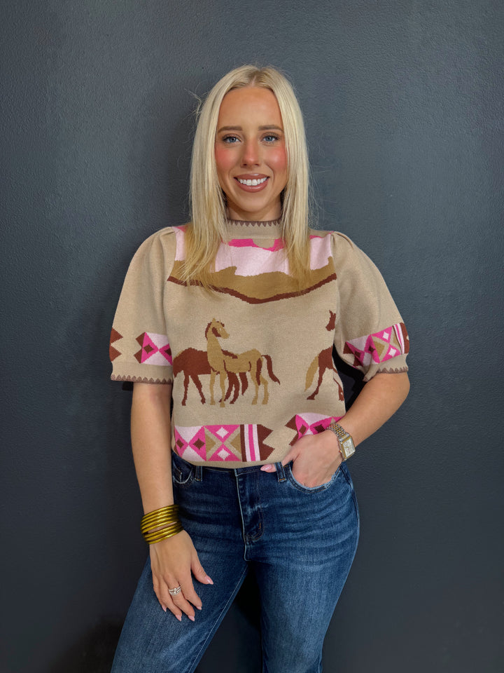 Hold Your Horses Short Sleeve Sweater Top