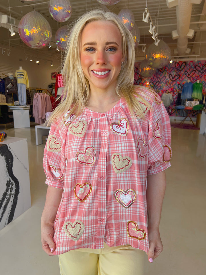 Light Pink & White Plaid Heart Button Down