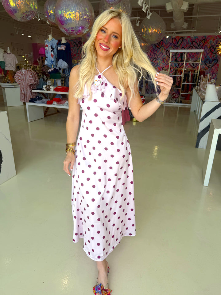 Polka Dot Print Ruffle Trim Slip Midi Dress