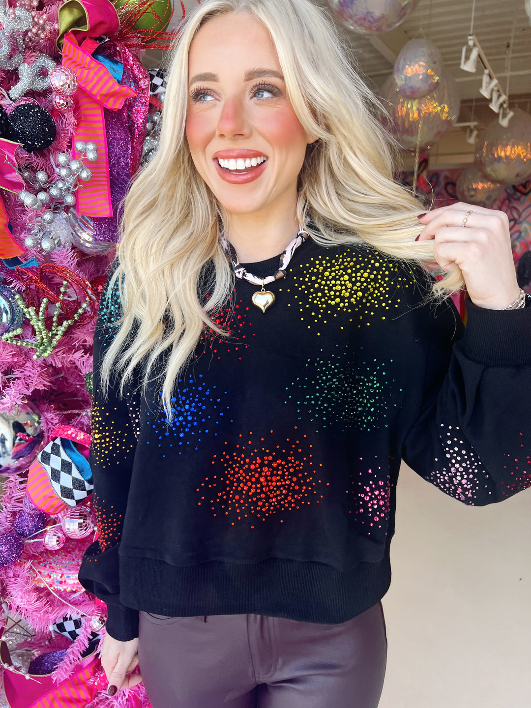 QOS Rhinestone Firework Black Longsleeve