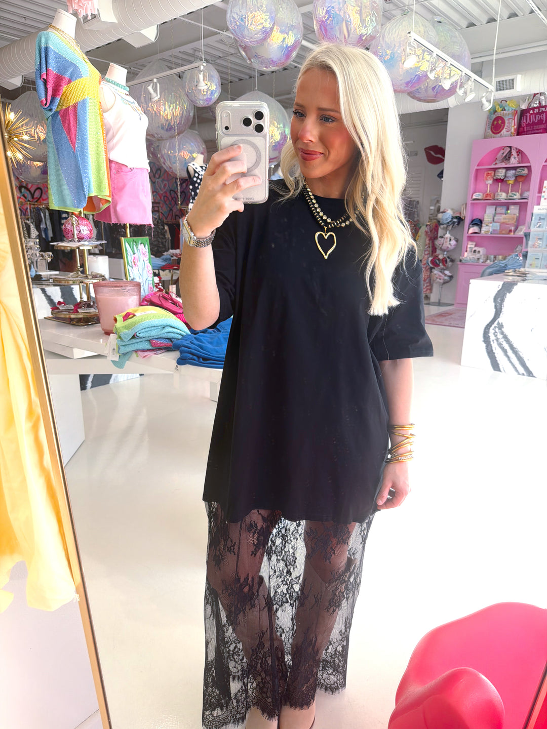 Mixed Media T-shirt Dress with Sheer Lace Skirt