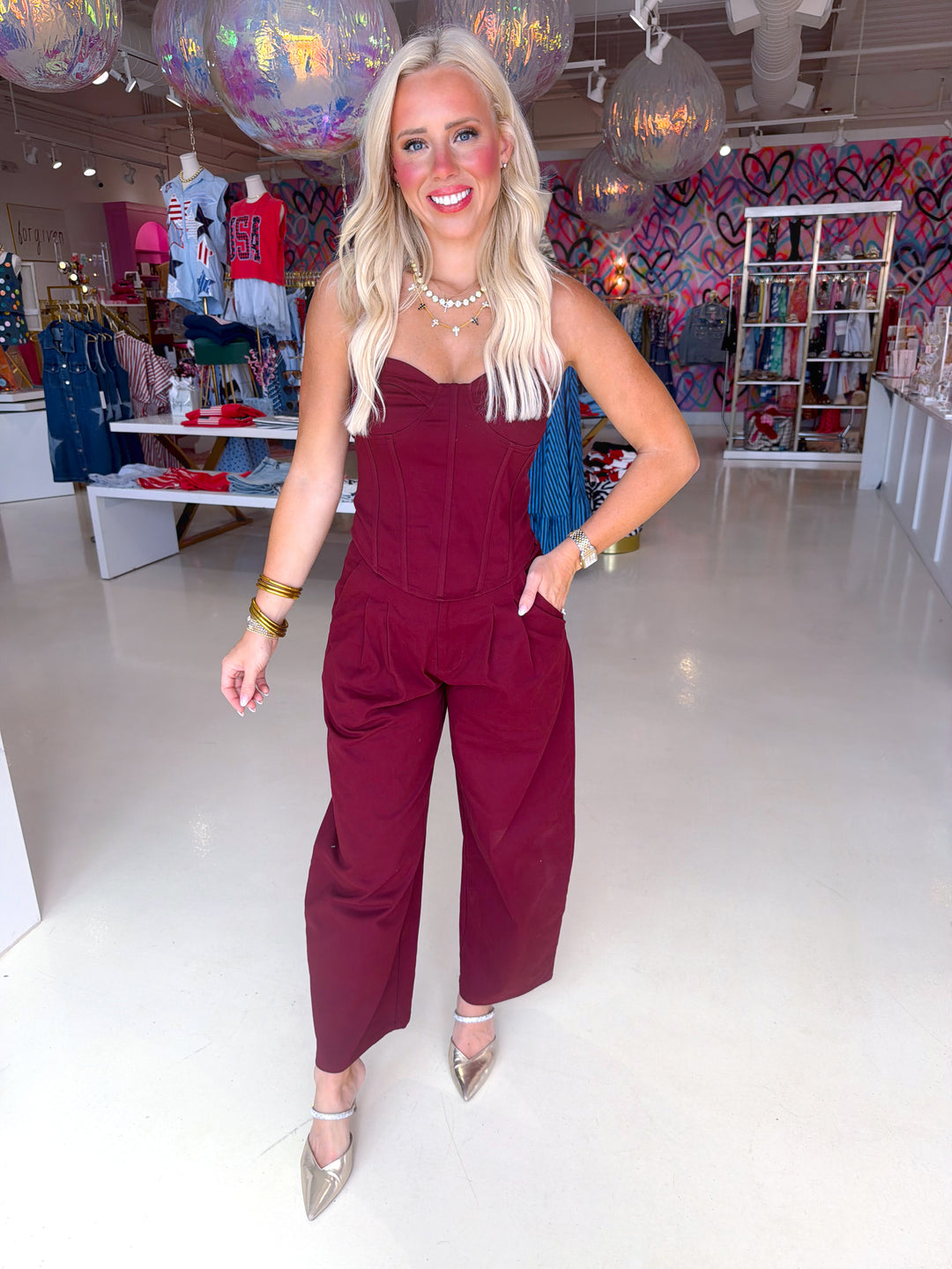 Burgundy Corset Top and Barrel Pant Set