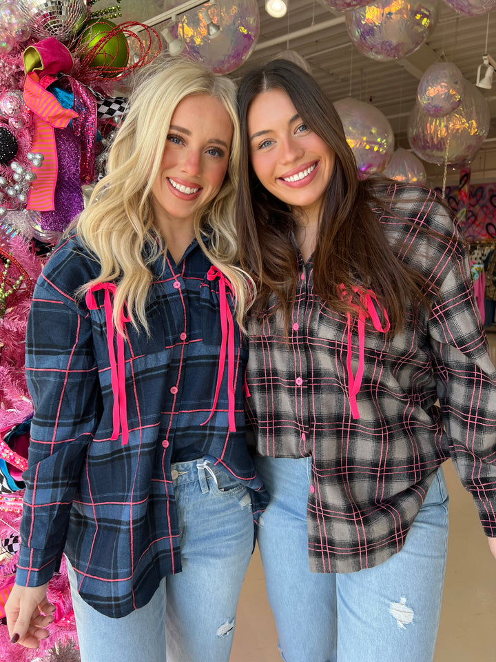 Plaid Ribbon Detail Button Down Top