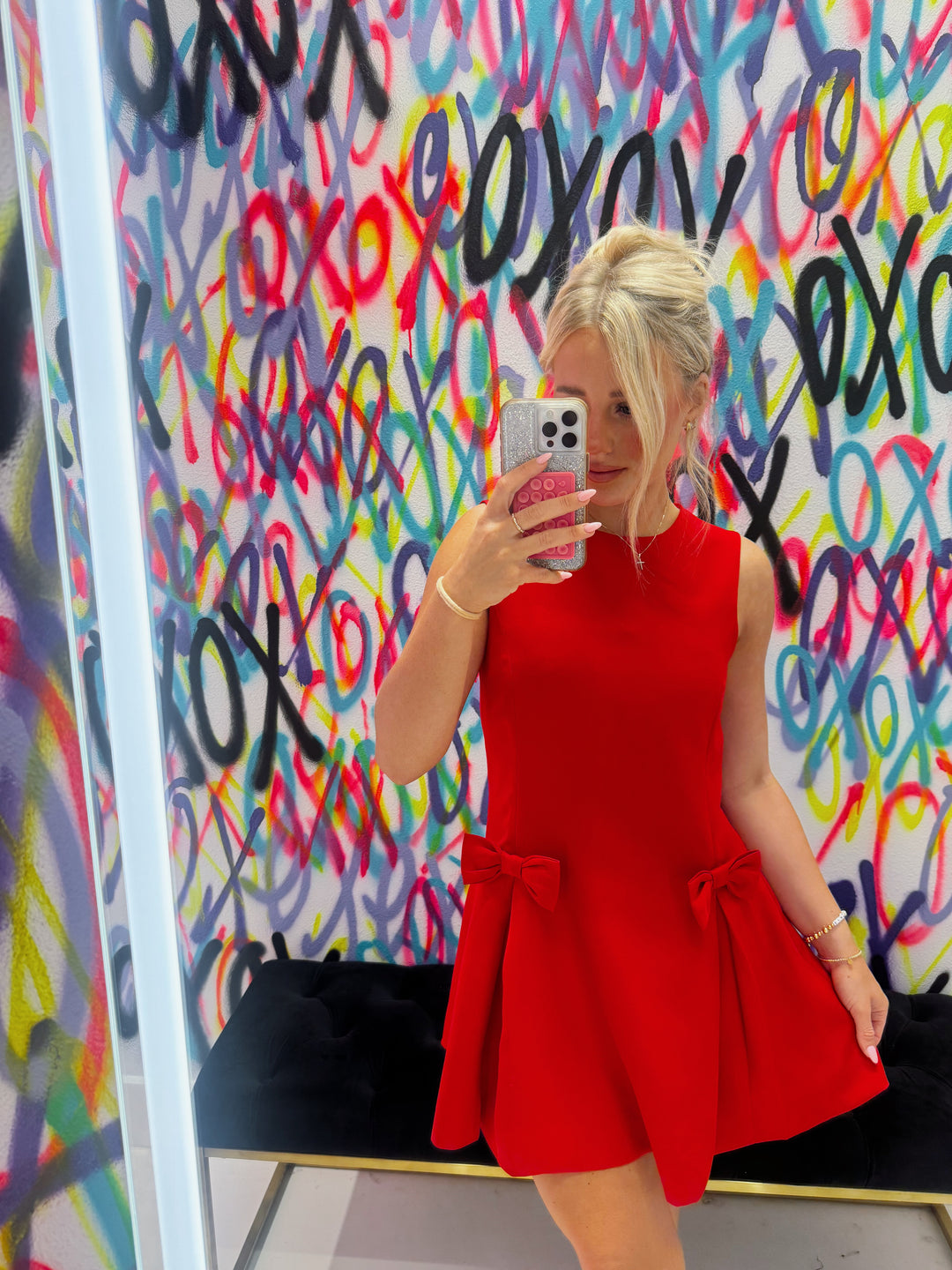 Red Pleated With Bows Sleeveless Dress