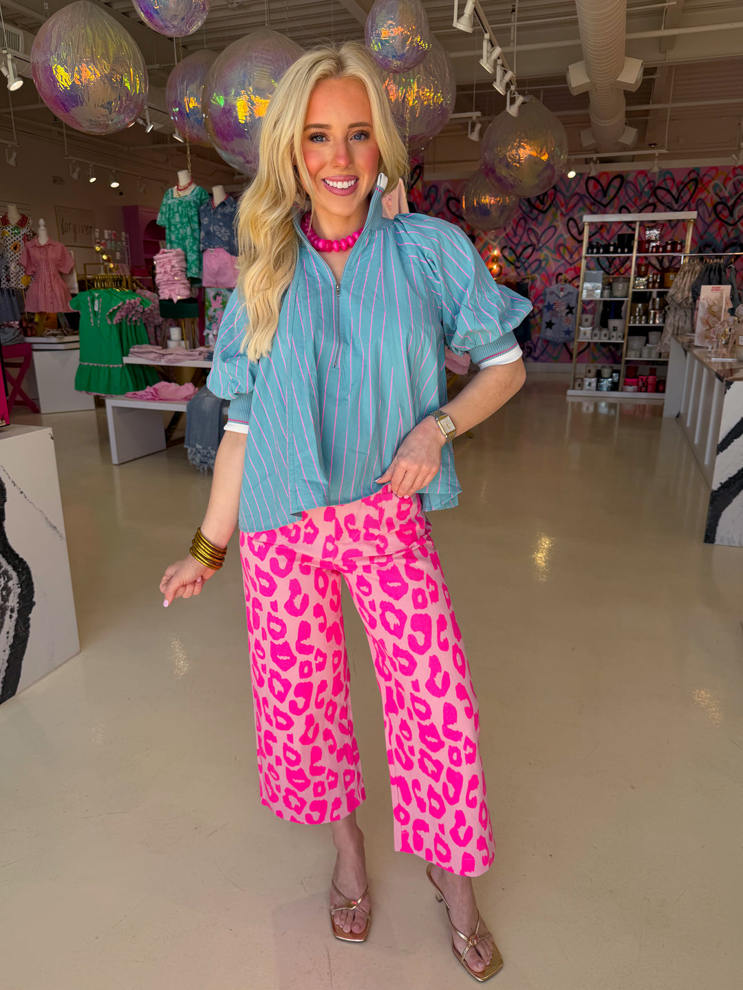 Teal Hot Pink Striped Puff Sleeve Top