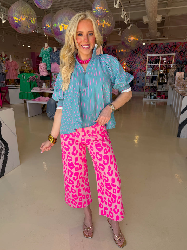 Teal Hot Pink Striped Puff Sleeve Top