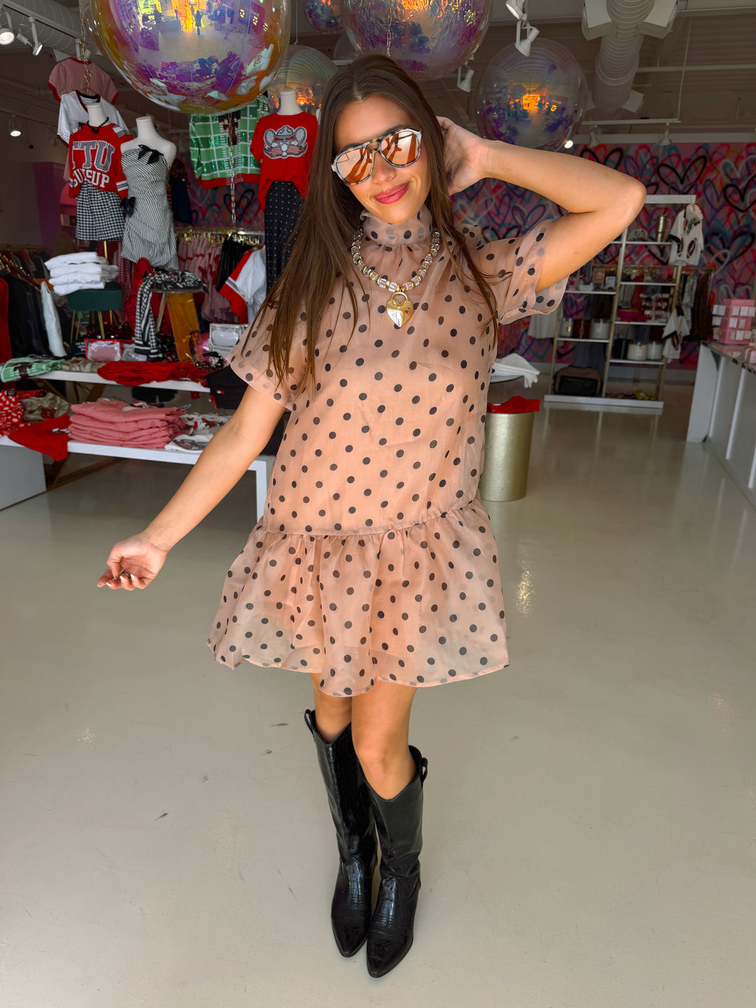 Light Brown & Black Polkadot Sheer Dress