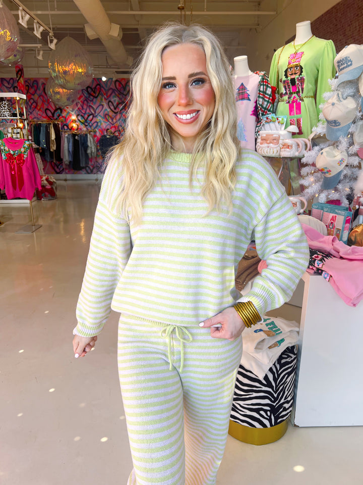 CREW NECK STRIPE SWEATER & WIDE LEG PANTS