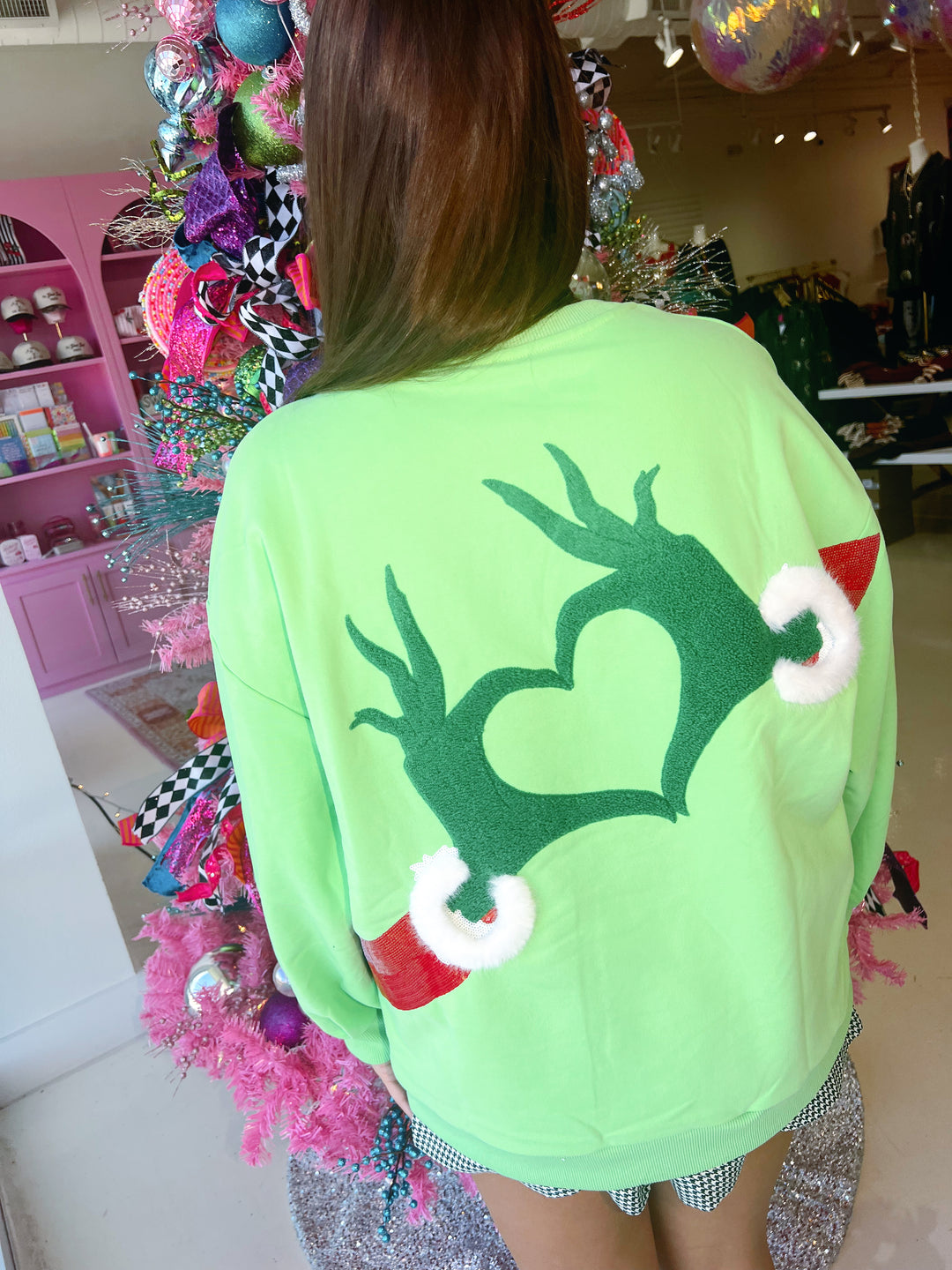 QOS Green Grinch Heart Hands Sweatshirt