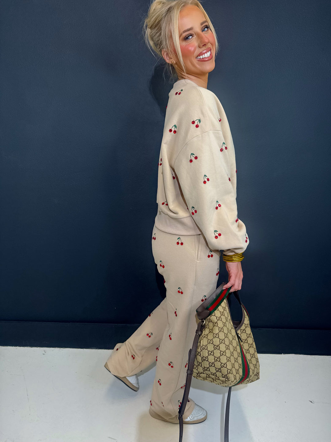 QOS Tan Jeweled Cherry Sweatpant
