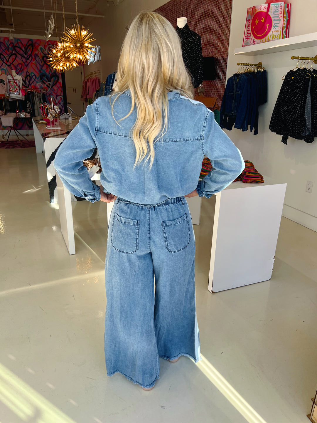 Washed Denim W/ Contrast Taping Wide Leg Pant