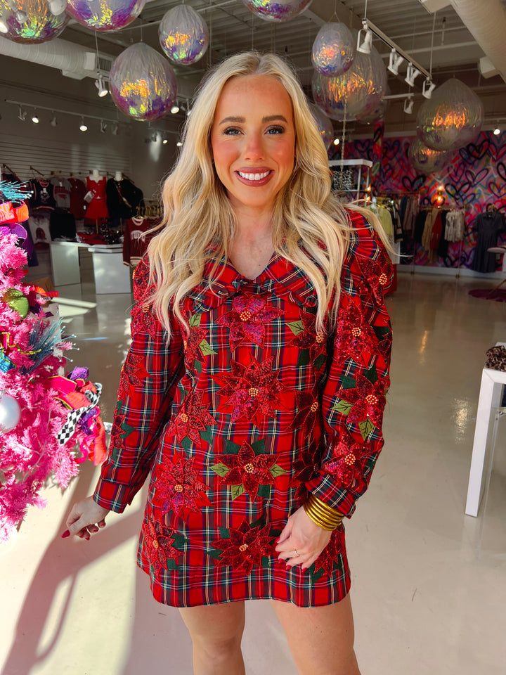 QOS Red Plaid Poinsetta Collar Poof Sleeve Dress
