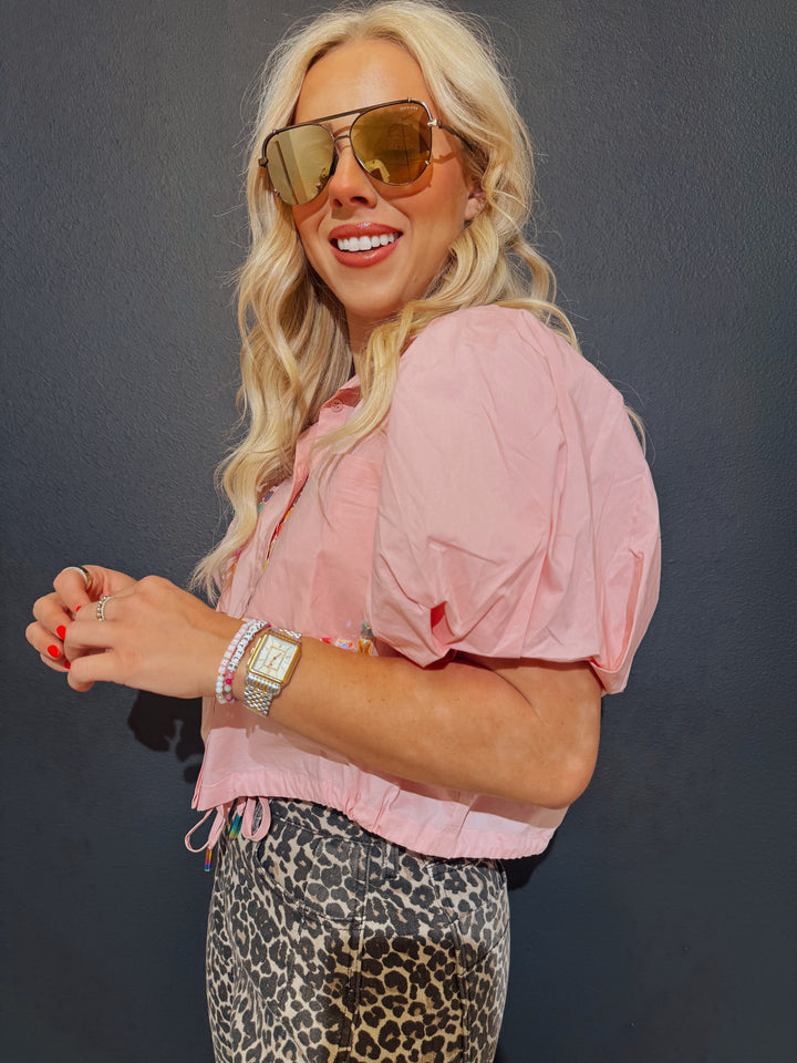 QOS Light Pink Multi Jewel Pocket Cotton Bubble Sleeve Top