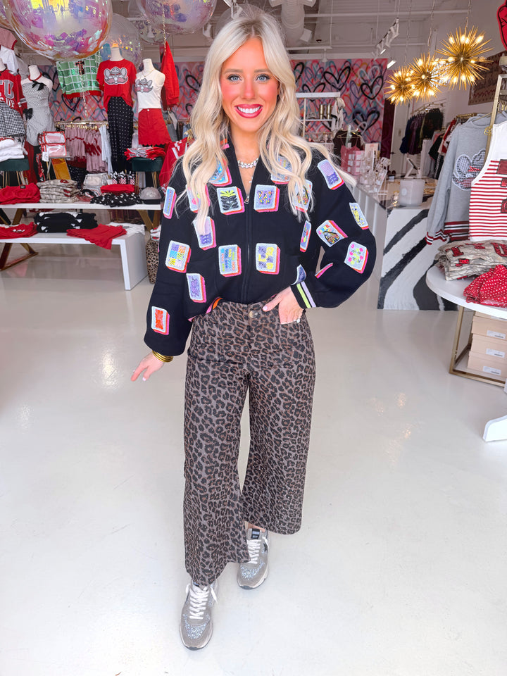 QOS Mahjong Tile Zip Up Mock Neck Sweater