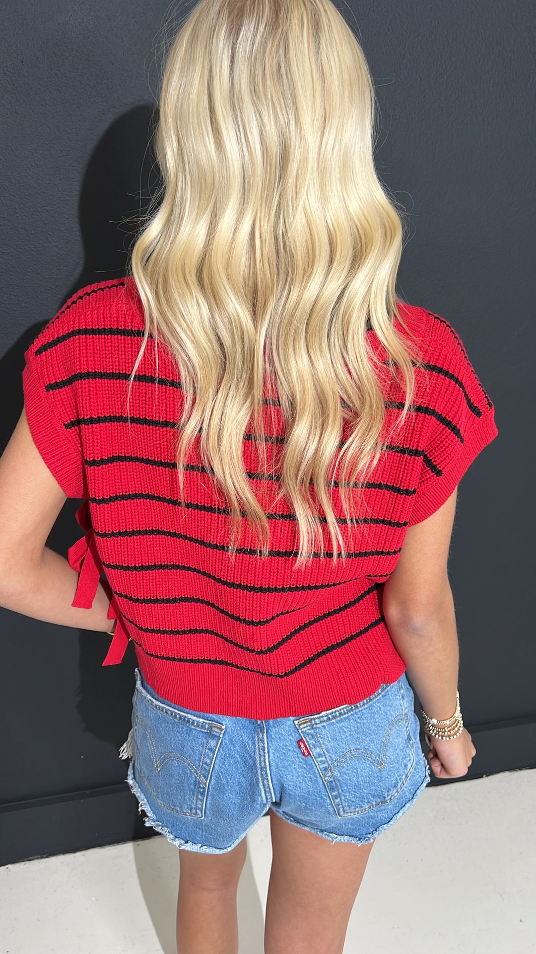 Red & Black Striped V Neck Side Tie Sweater Vest