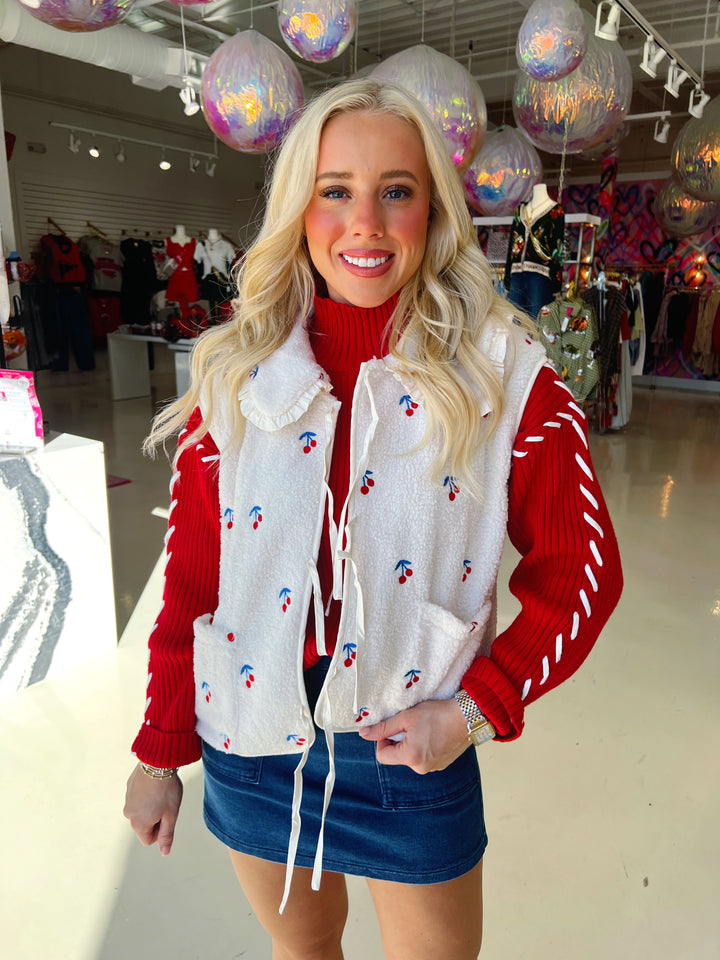 Sweetest Cherry Sherpa Tie Vest W/ Ruffle Collar