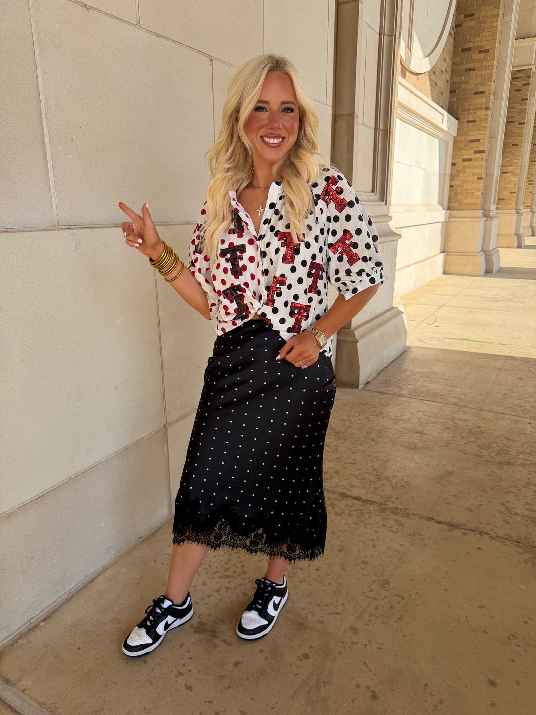 QOS Texas Tech Mascot Polka Dot Color Block Button Up Top