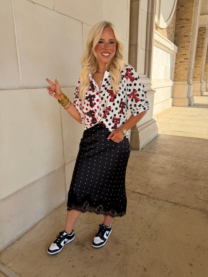 QOS Texas Tech Mascot Polka Dot Color Block Button Up Top