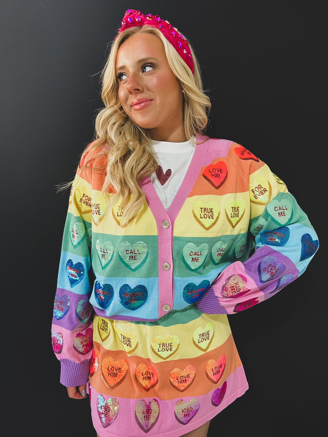 QOS Conversation Heart Rainbow Stripe Cardigan