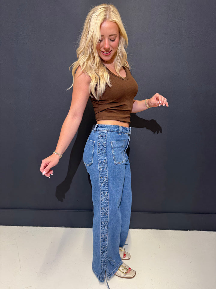 Medium Wash Criss Cross Side Jeans