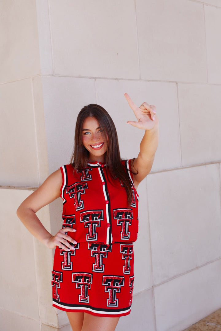 QOS Texas Tech Rhinestone Button Up Knit Tank Top