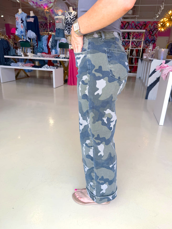 High Rise Wide Leg Crop Camo Jeans