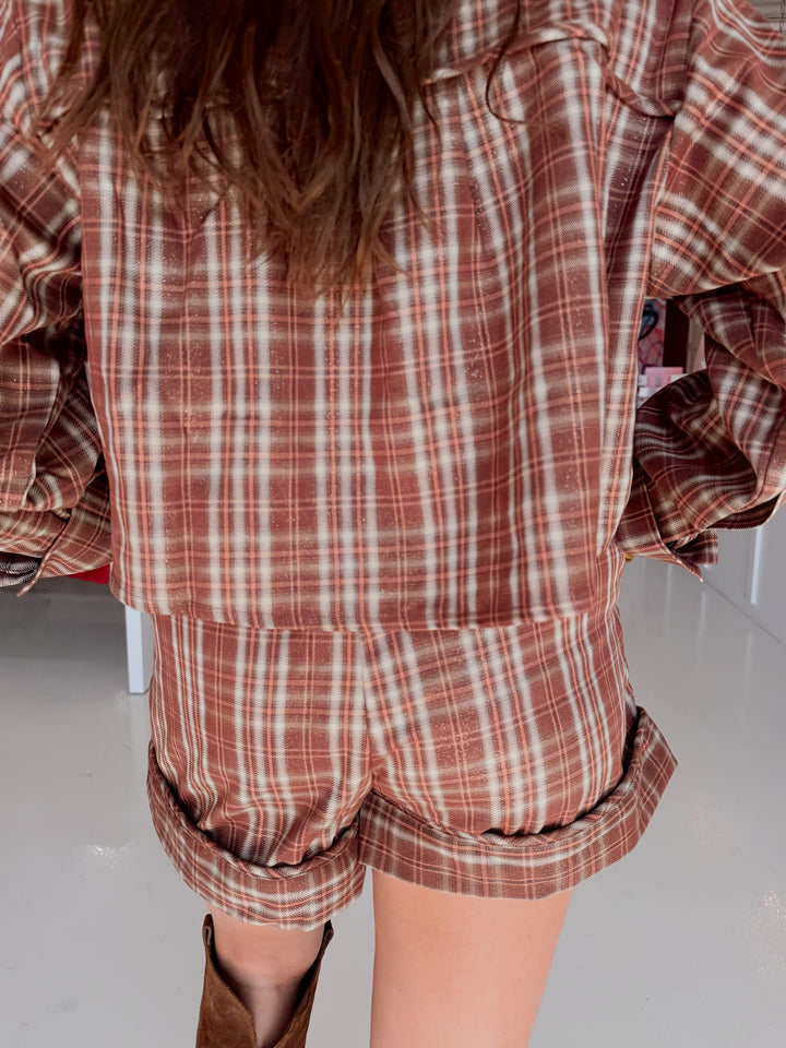 QOS Brown Plaid Turkey Ruffle Button Up Top