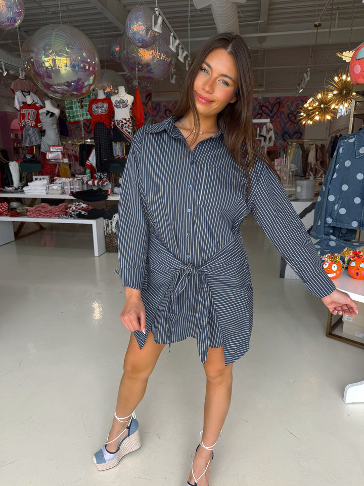 Navy Pinstripe Front Wrap Mini Dress