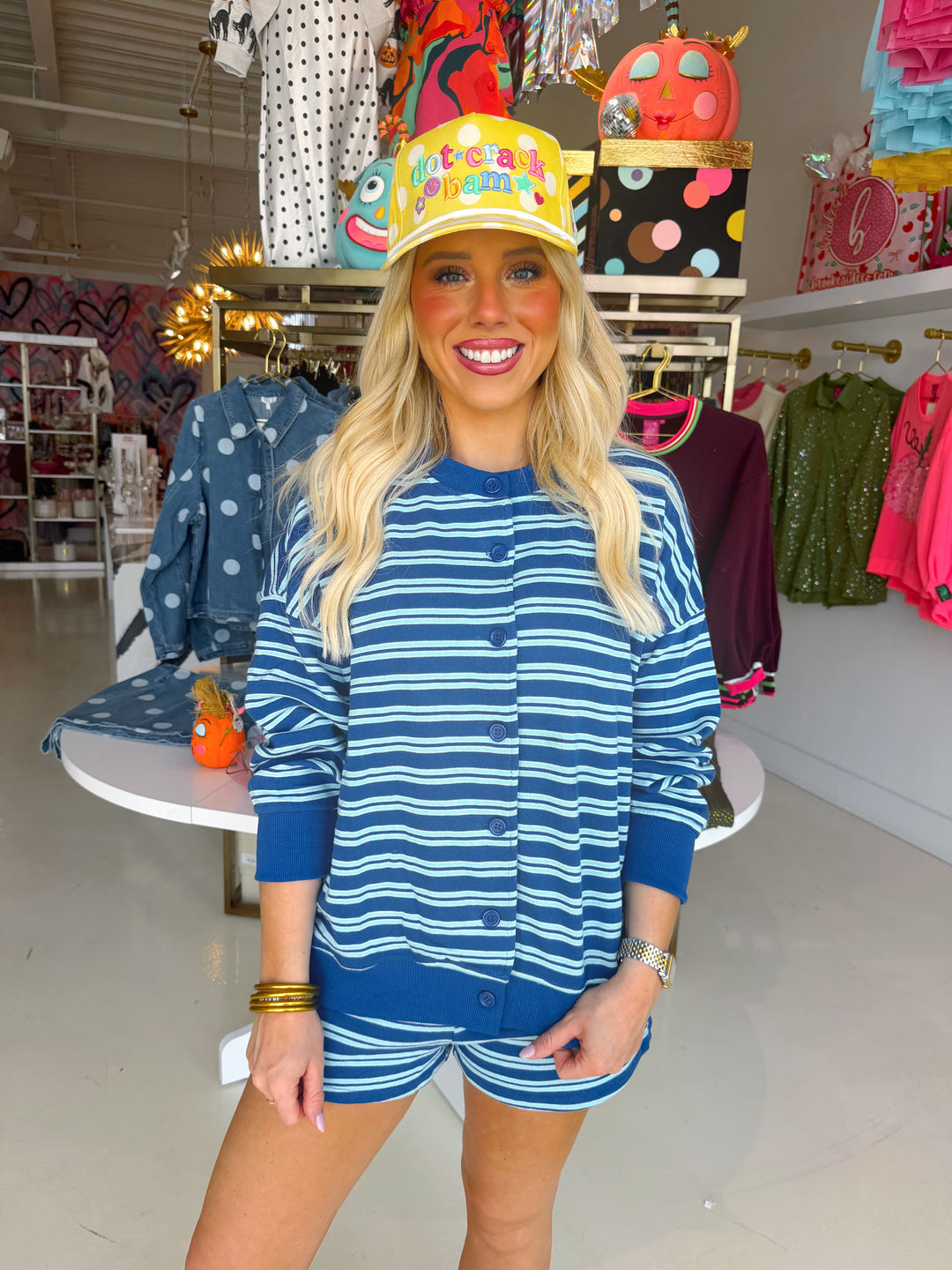 Bella Blue Mint Striped Button Down Top & Shorts