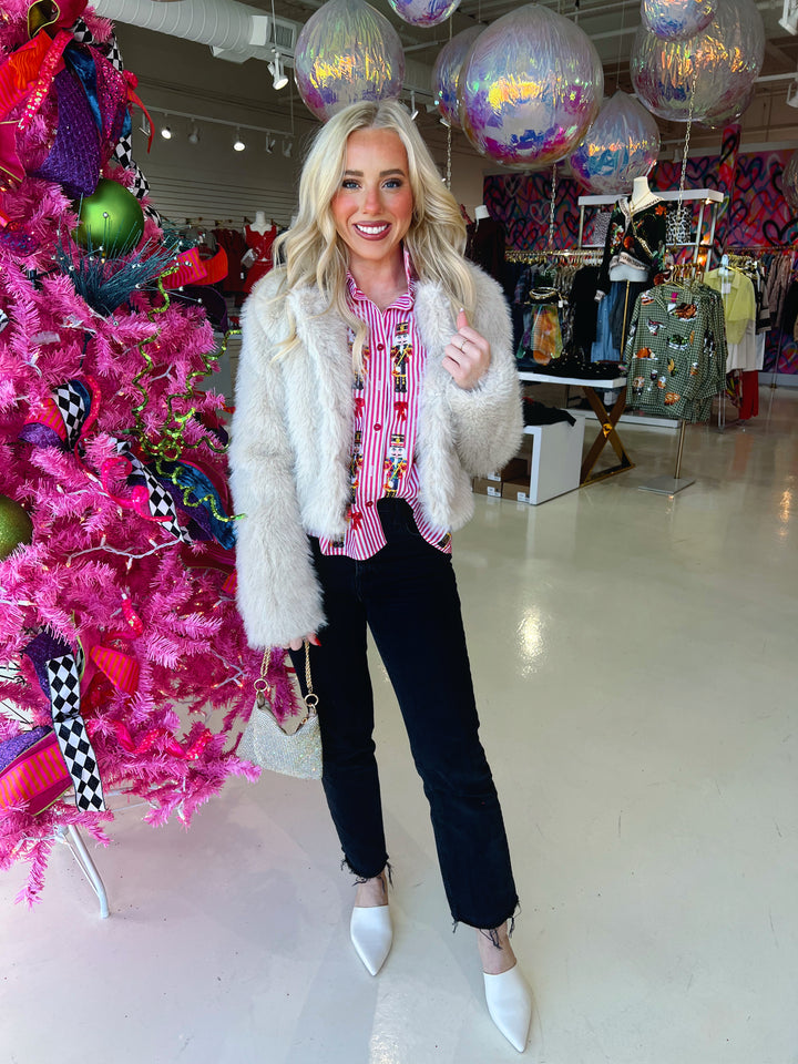 QOS Pink & Red Stripe Christmas Icon Collar Blouse