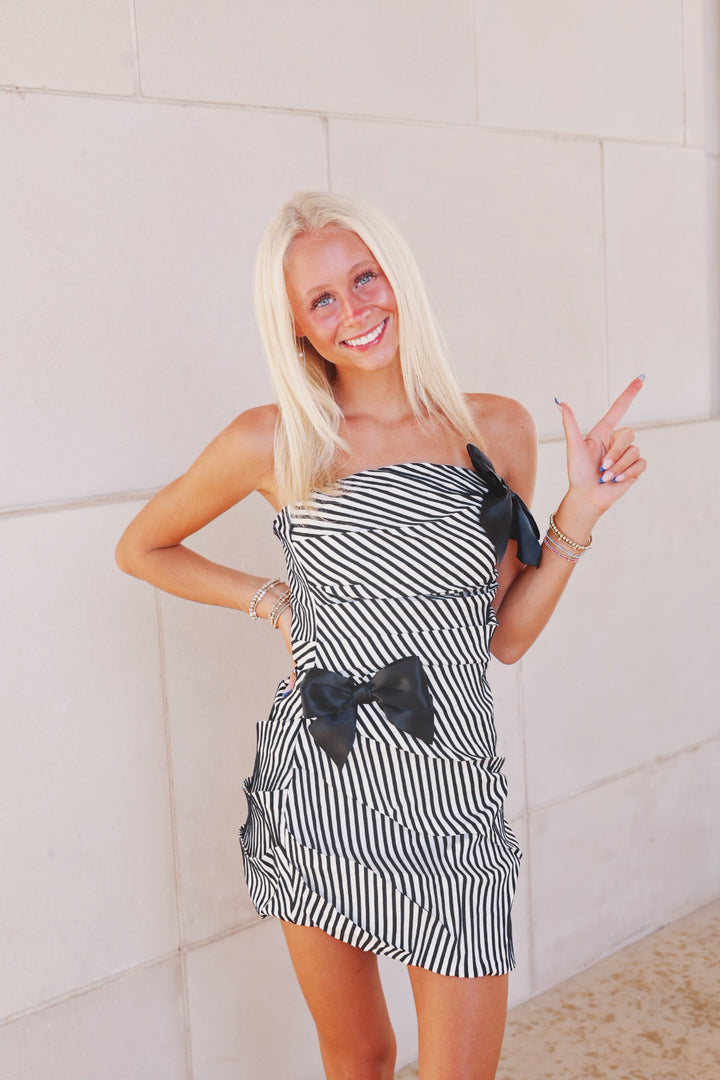 Black Striped Tube Mini Dress With Bow