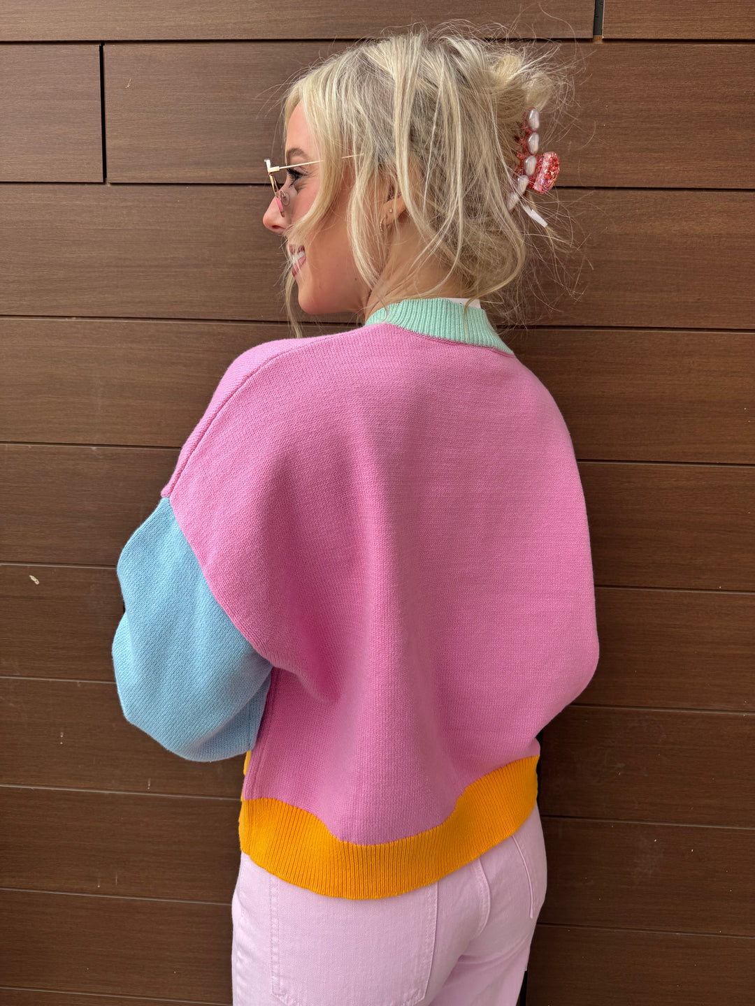 QOS Multi Pastel Colorblock Be Mine Sweater