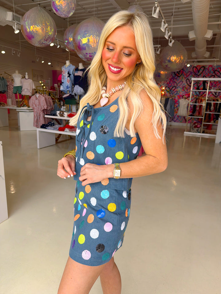 QOS Denim Multi Polka Tie Tank