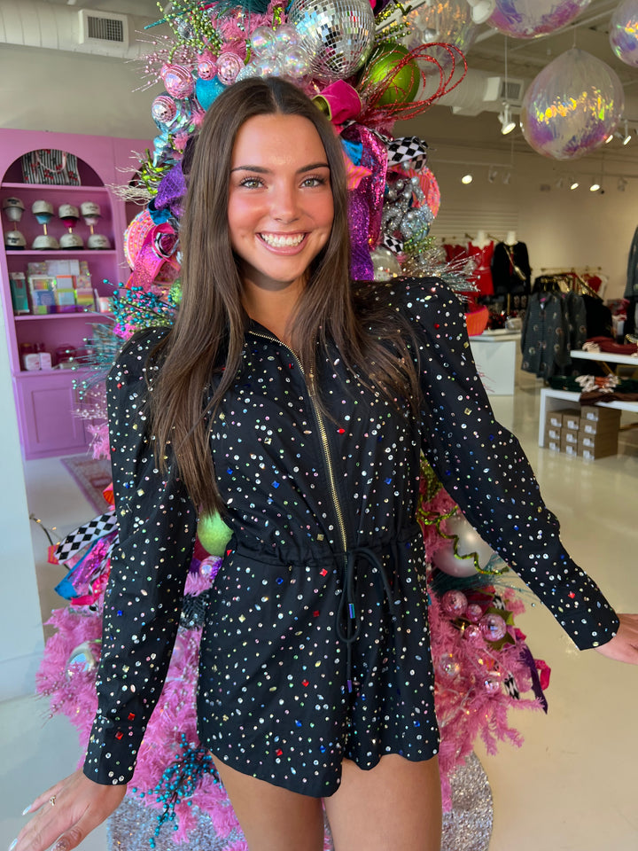 QOS Black Rhinestone Longsleeve Romper