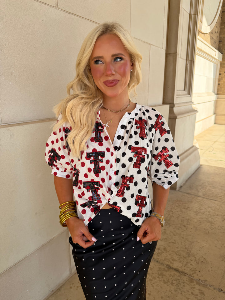 QOS Texas Tech Mascot Polka Dot Color Block Button Up Top