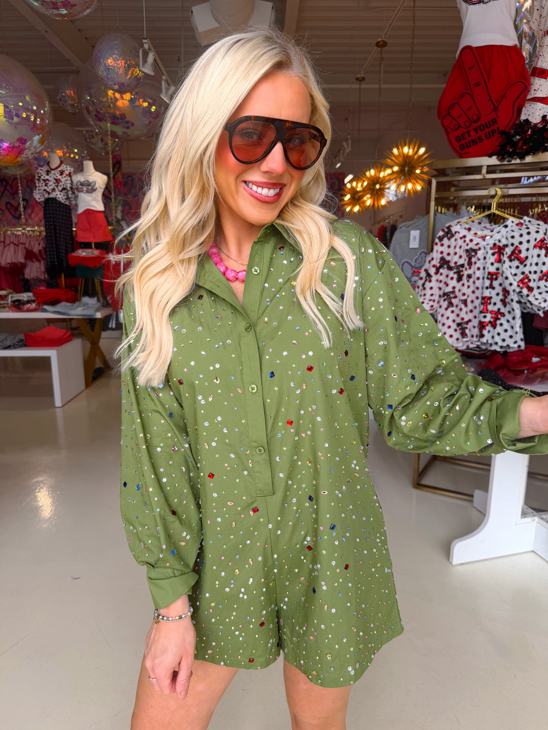 QOS Olive Multi Rhinestone Button Up Romper