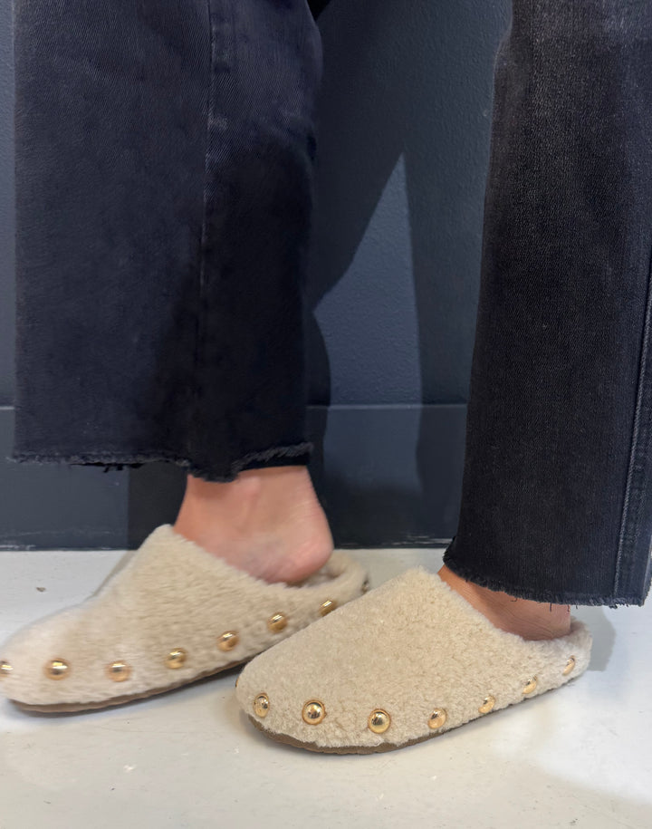 Vintage Havana Fluffy Beige Gold Dome Stud Slip On Shoe