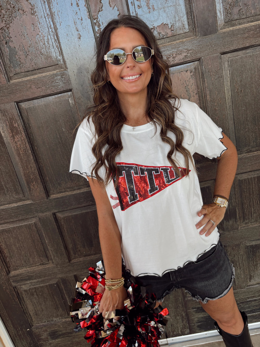 QOS TTU Sequin Pennant White Frill Tee