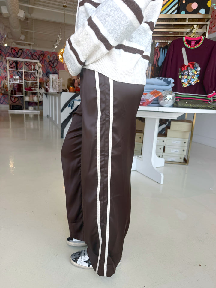Brown Side Stripe Satin Pants
