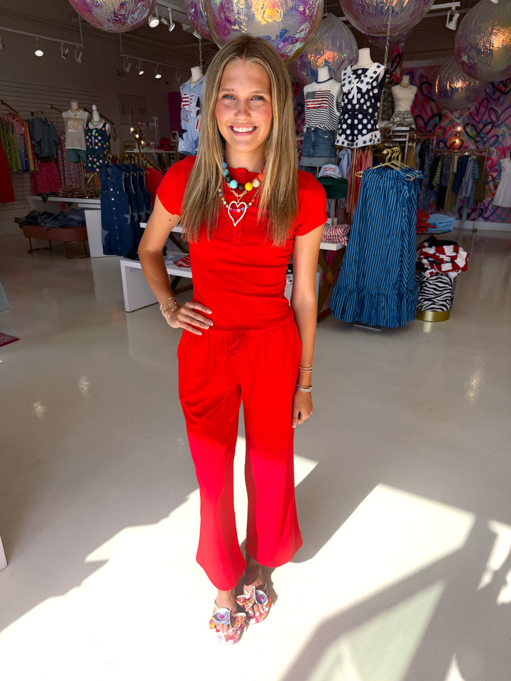 Red Drawstring Wide Leg Pant