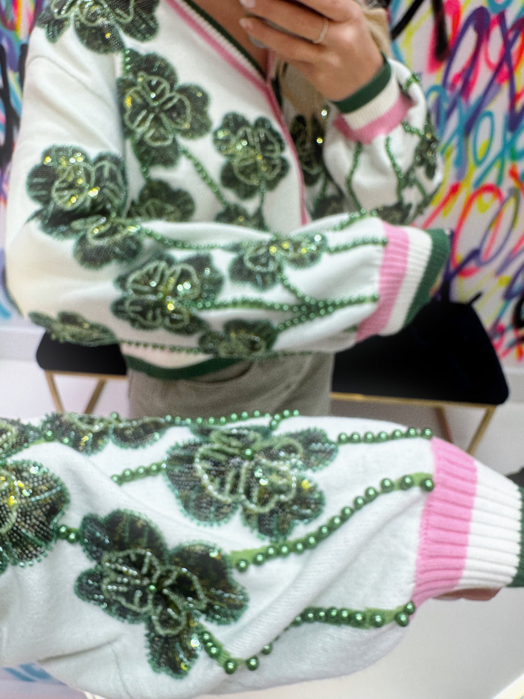 QOS White, Green, & Pink Stripe Beaded Shamrock Cardigan