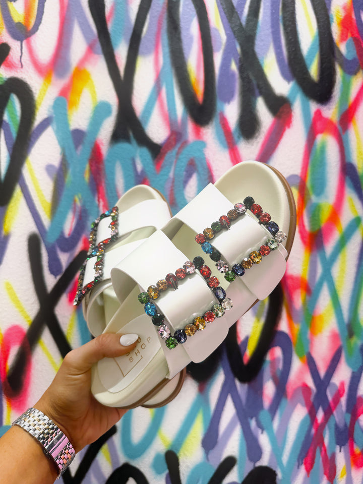 Brittany White Sandal W/ Multi Colored Rhinestones