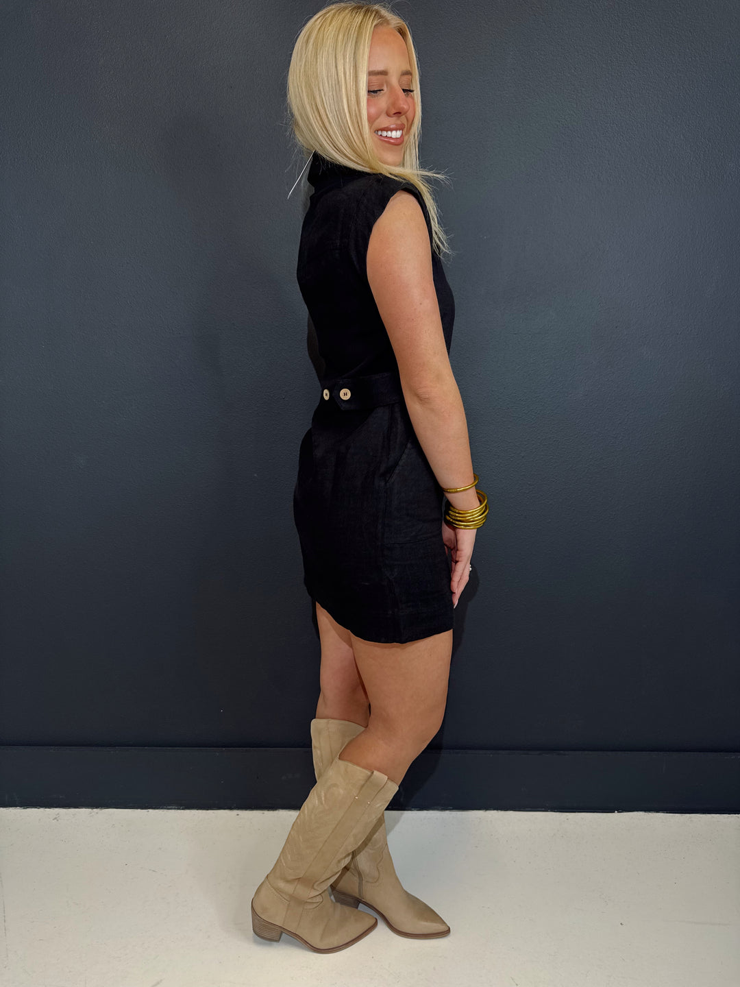 Black Linen Brown Button Up Dress
