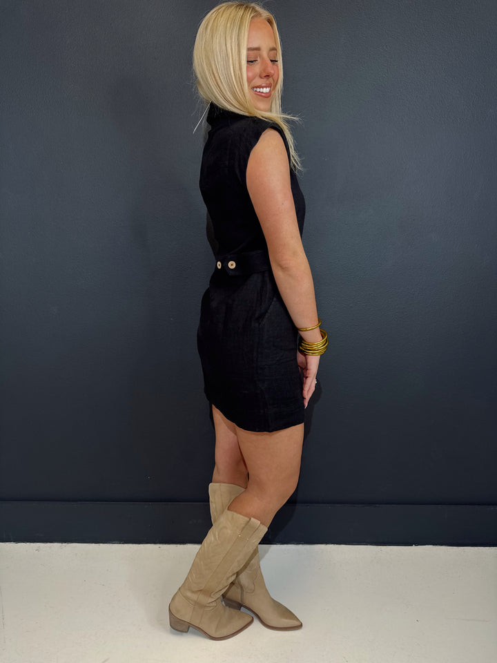 Black Linen Brown Button Up Dress