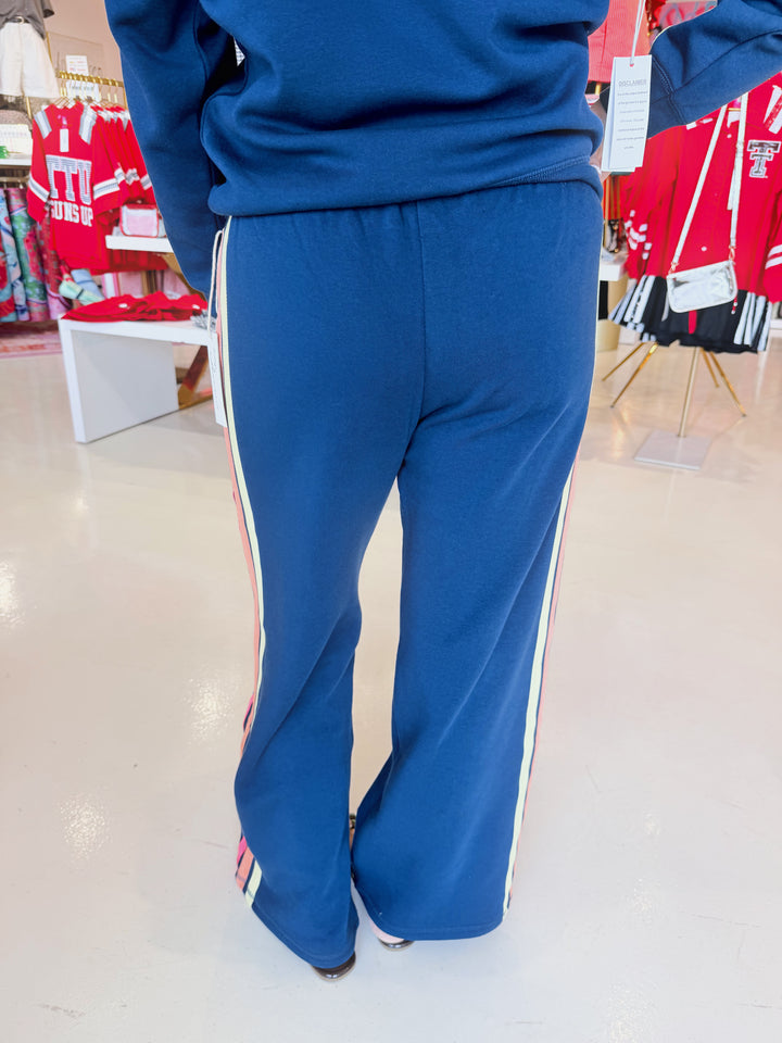 Galaxy Blue w Neon Stripes Off Shoulder Sweatshirt & Sweat Pant Set