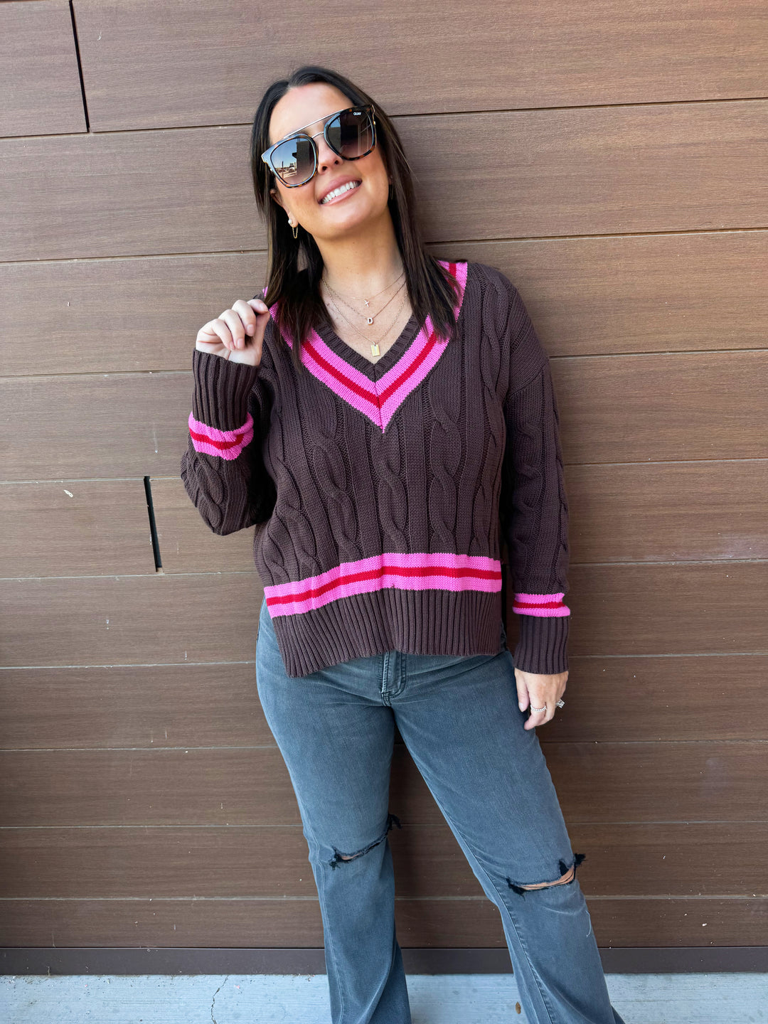 Coffee Bean Cable V-Neck Sweater