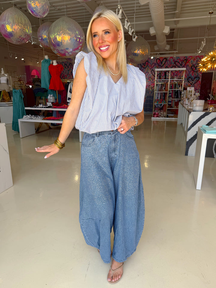 QOS Denim Rhinestone Barrel Jeans