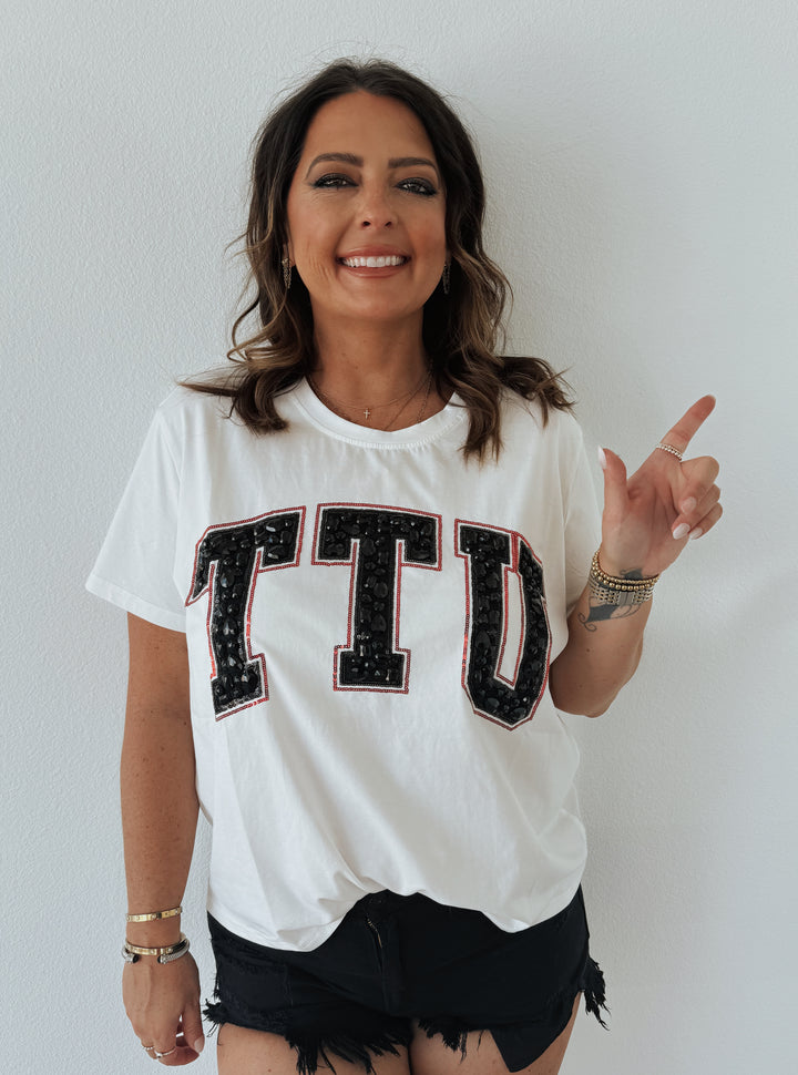 QOS White TTU Jeweled Letter Tee