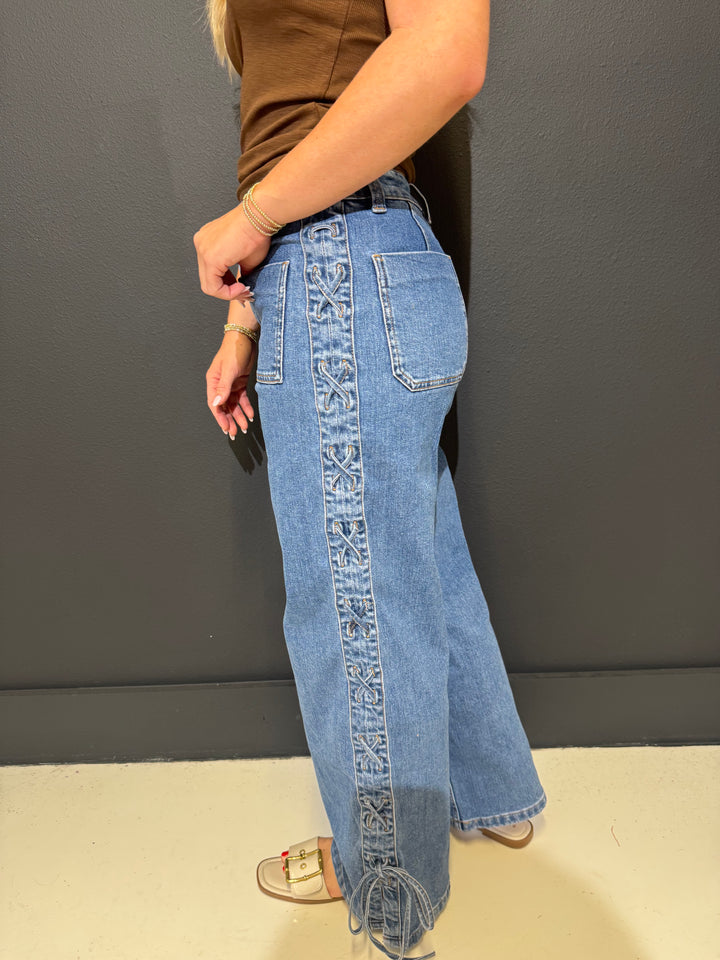 Medium Wash Criss Cross Side Jeans