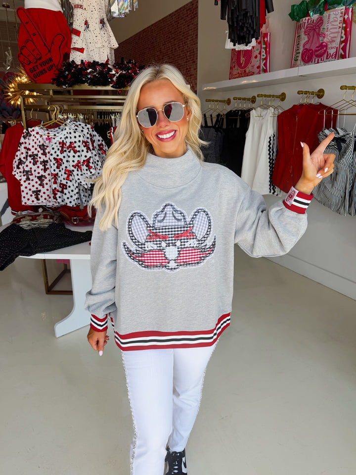 QOS Texas Tech Grey Gingham Mascot Mockneck